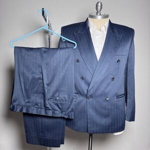 Jean Pierre Suit Mens 44S W36 Navy Blue Pinstripe Double Breasted Peak Lapel